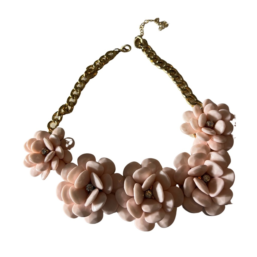 Pink Flower Floral Cluster Rhinestone Chunky Statement Necklace
